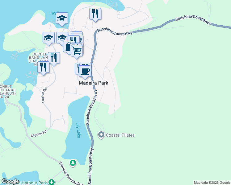 map of restaurants, bars, coffee shops, grocery stores, and more near in Madeira Park