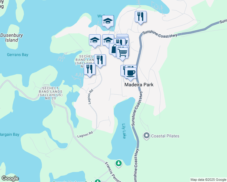 map of restaurants, bars, coffee shops, grocery stores, and more near 12800 Mainsail Road in Madeira Park