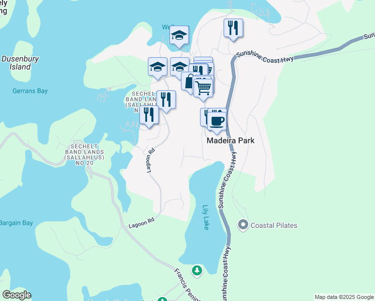 map of restaurants, bars, coffee shops, grocery stores, and more near 12800 Mainsail Road in Madeira Park