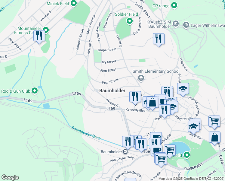 map of restaurants, bars, coffee shops, grocery stores, and more near in Baumholder