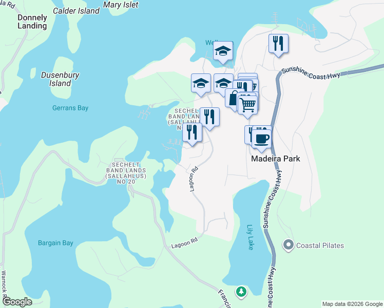 map of restaurants, bars, coffee shops, grocery stores, and more near 12849 Lagoon Road in Madeira Park