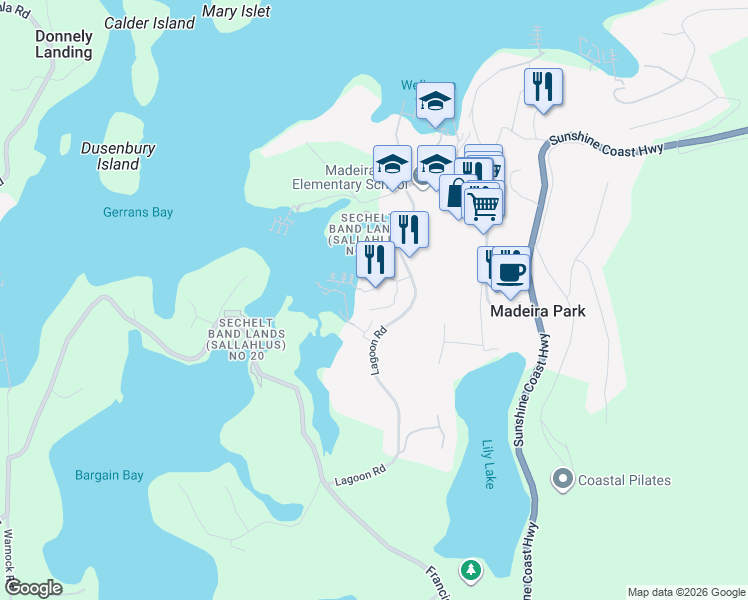 map of restaurants, bars, coffee shops, grocery stores, and more near 12849 Lagoon Road in Madeira Park