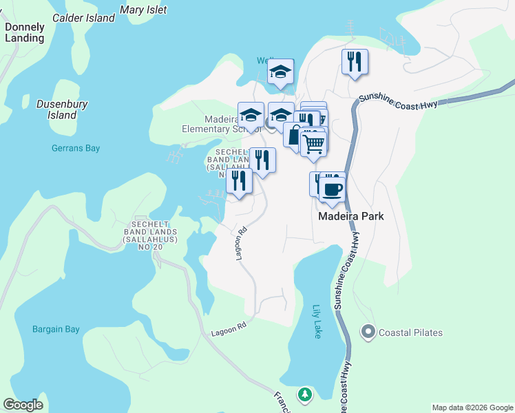 map of restaurants, bars, coffee shops, grocery stores, and more near 12849 Lagoon Road in Madeira Park