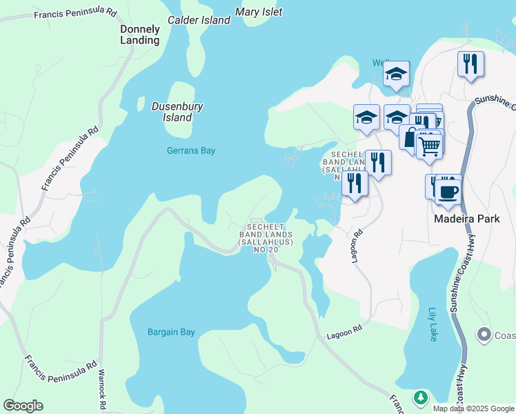 map of restaurants, bars, coffee shops, grocery stores, and more near 12828 Gilden Road in Madeira Park