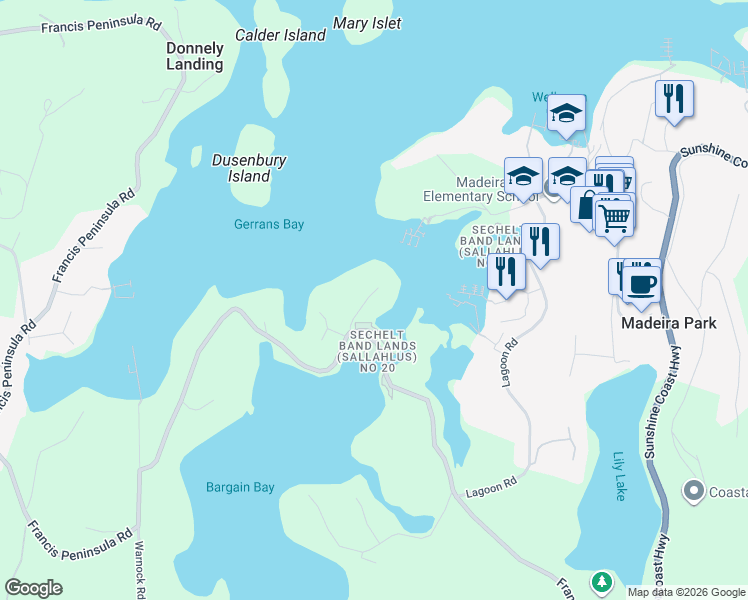 map of restaurants, bars, coffee shops, grocery stores, and more near 12836 Gilden Road in Madeira Park