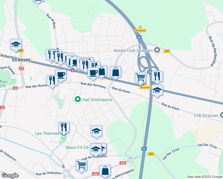 map of restaurants, bars, coffee shops, grocery stores, and more near 4 Rue du Kiem in Strassen