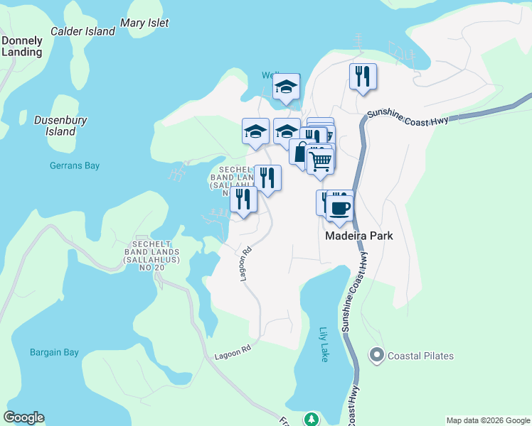 map of restaurants, bars, coffee shops, grocery stores, and more near 12846 Lagoon Road in Madeira Park