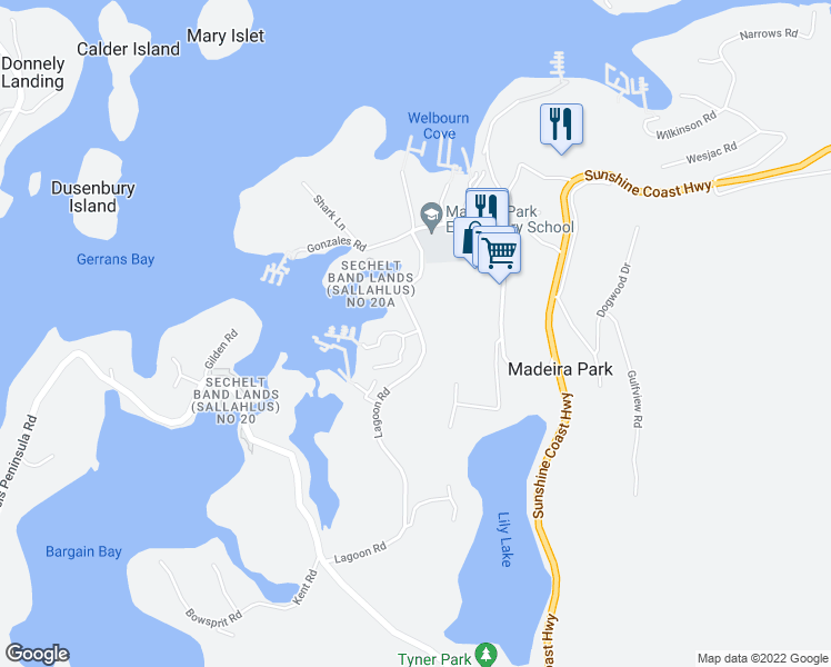 map of restaurants, bars, coffee shops, grocery stores, and more near 12846 Lagoon Road in Madeira Park