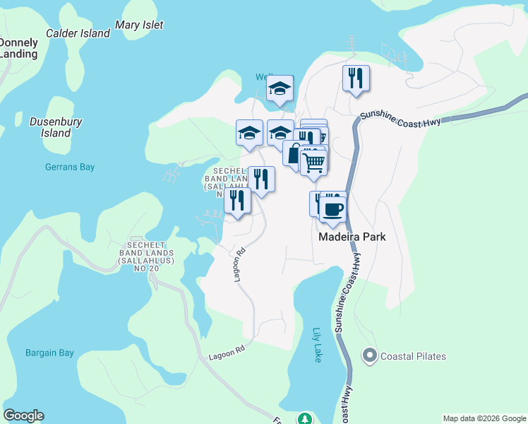 map of restaurants, bars, coffee shops, grocery stores, and more near 12846 Lagoon Road in Madeira Park