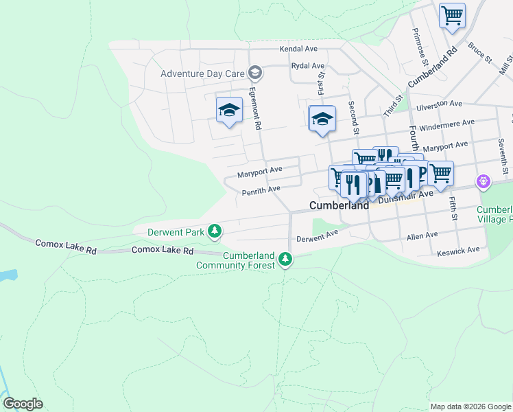 map of restaurants, bars, coffee shops, grocery stores, and more near 2612 Dunsmuir Avenue in Cumberland