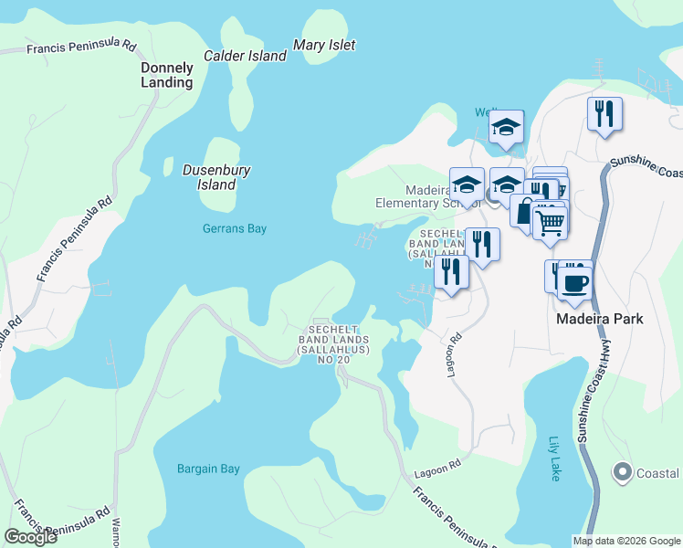 map of restaurants, bars, coffee shops, grocery stores, and more near 12836 Gilden Road in Madeira Park