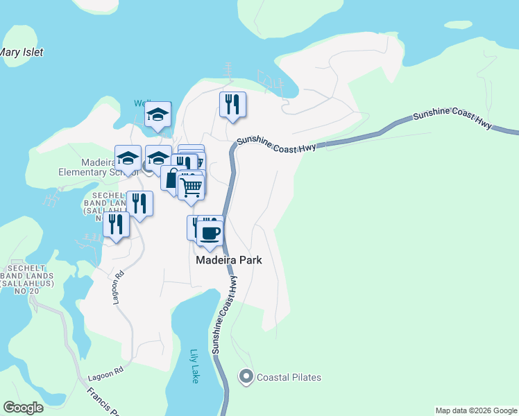 map of restaurants, bars, coffee shops, grocery stores, and more near 12873 Dogwood Drive in Madeira Park