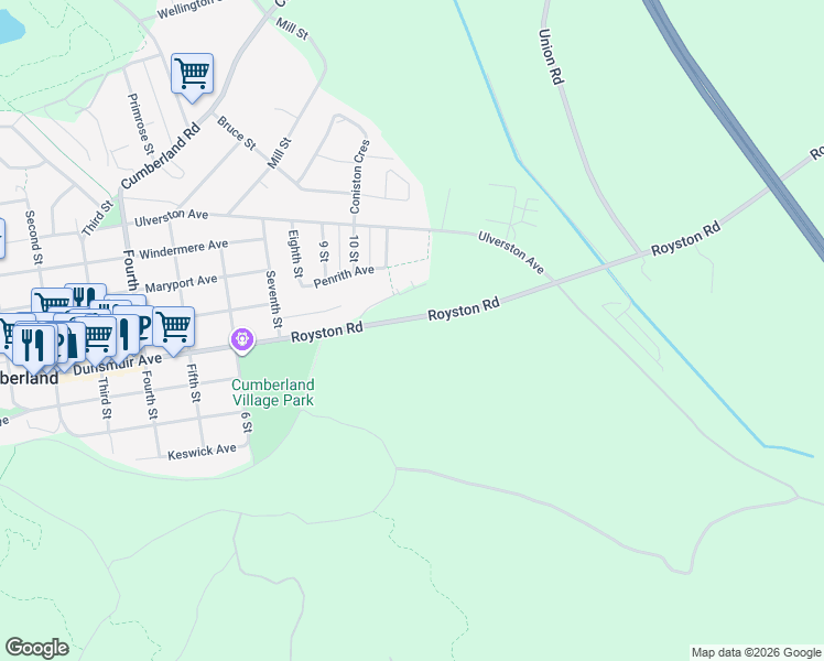 map of restaurants, bars, coffee shops, grocery stores, and more near 2904 Royston Road in Cumberland