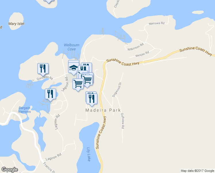 map of restaurants, bars, coffee shops, grocery stores, and more near 12882 Front Road in Madeira Park