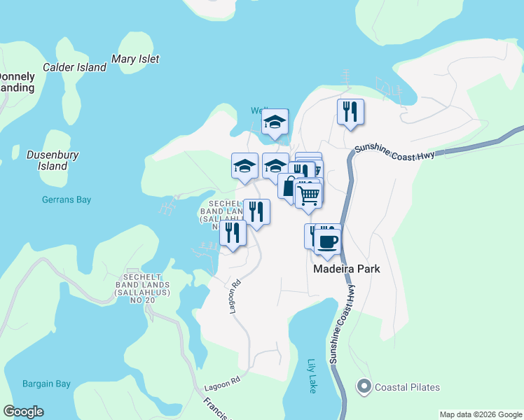 map of restaurants, bars, coffee shops, grocery stores, and more near 12886 Lagoon Road in Madeira Park