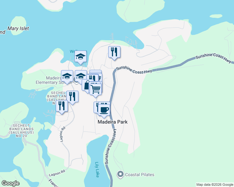 map of restaurants, bars, coffee shops, grocery stores, and more near 12882 Front Road in Madeira Park