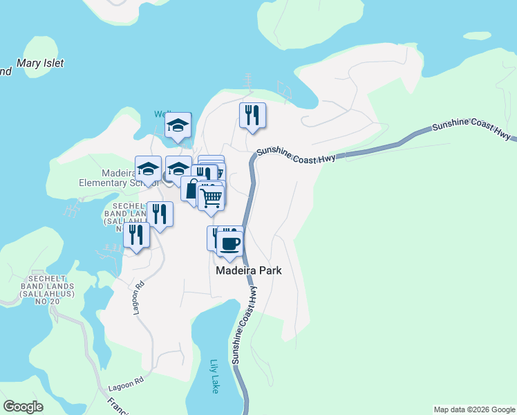 map of restaurants, bars, coffee shops, grocery stores, and more near 12888 Front Road in Madeira Park