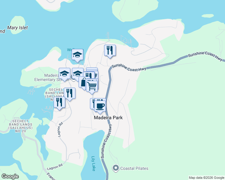 map of restaurants, bars, coffee shops, grocery stores, and more near 12888 Front Road in Madeira Park