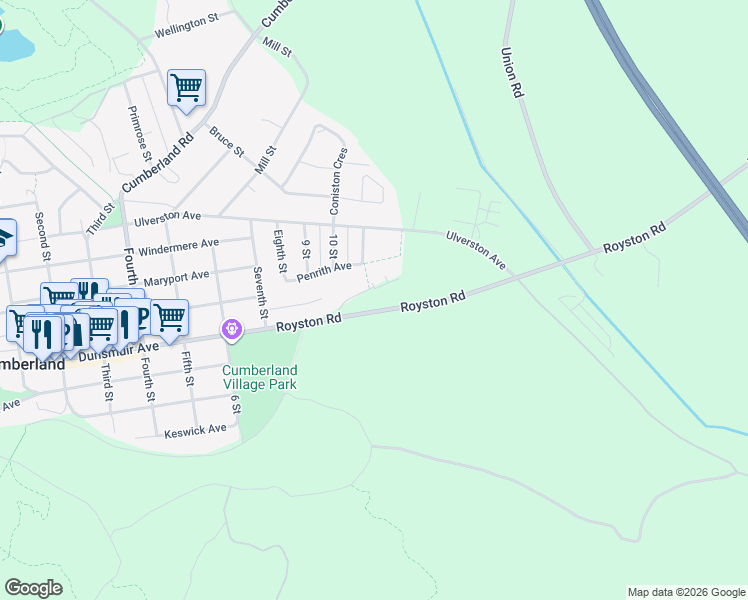 map of restaurants, bars, coffee shops, grocery stores, and more near 2904 Royston Road in Cumberland