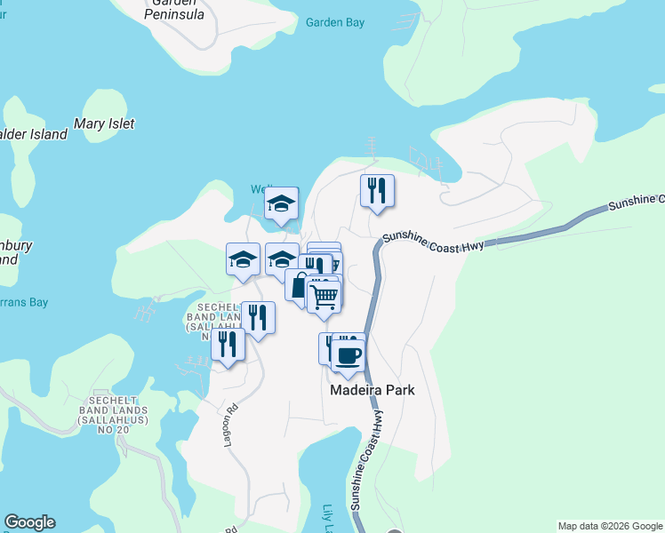 map of restaurants, bars, coffee shops, grocery stores, and more near 12929 Jesse Road in Madeira Park