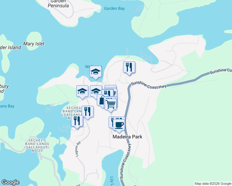 map of restaurants, bars, coffee shops, grocery stores, and more near 12929 Jesse Road in Madeira Park