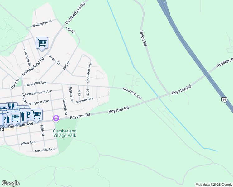 map of restaurants, bars, coffee shops, grocery stores, and more near Ulverston Avenue in Cumberland
