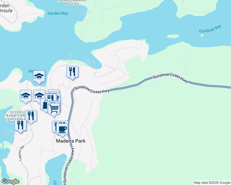 map of restaurants, bars, coffee shops, grocery stores, and more near Cecil Hill Road in Sunshine Coast Regional District