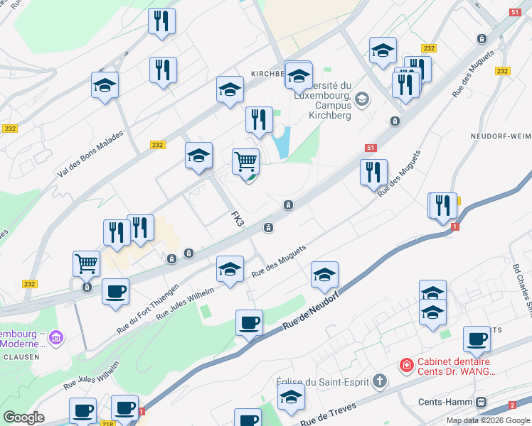 map of restaurants, bars, coffee shops, grocery stores, and more near 23 Avenue J-f Kennedy in Luxembourg