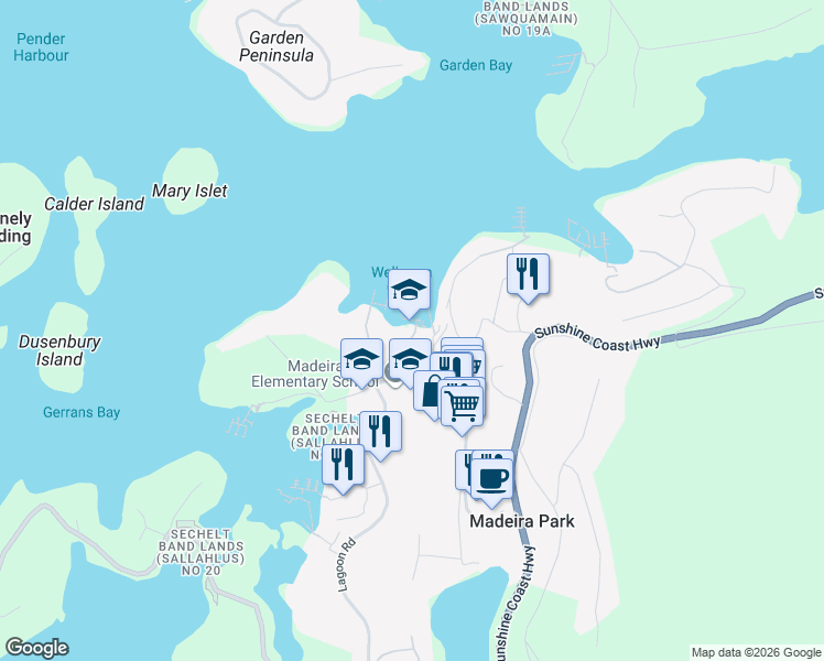 map of restaurants, bars, coffee shops, grocery stores, and more near in Madeira Park