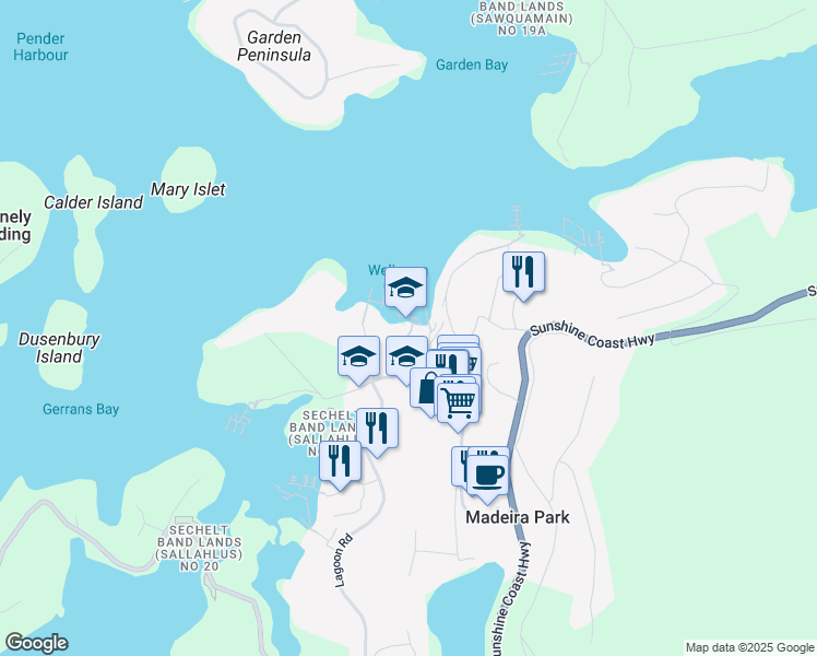 map of restaurants, bars, coffee shops, grocery stores, and more near 12967 Madeira Park Road in Madeira Park