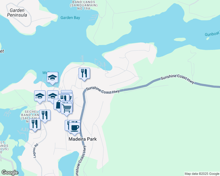 map of restaurants, bars, coffee shops, grocery stores, and more near 5170 Wesjac Road in Madeira Park