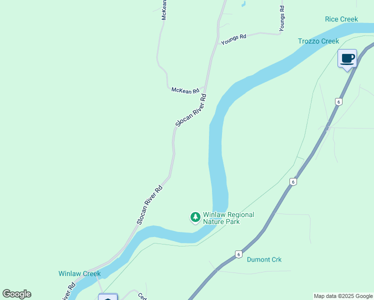 map of restaurants, bars, coffee shops, grocery stores, and more near 6090 Slocan River Road in Winlaw