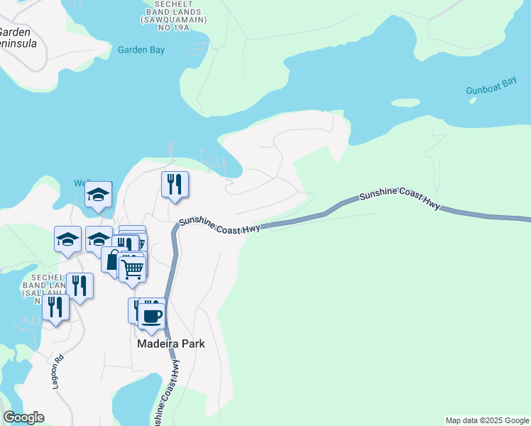 map of restaurants, bars, coffee shops, grocery stores, and more near 5200 Wesjac Road in Madeira Park