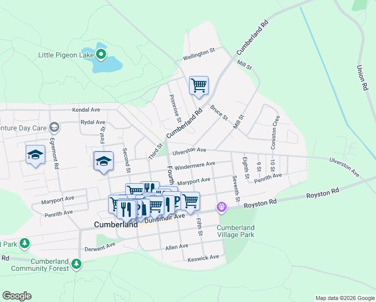 map of restaurants, bars, coffee shops, grocery stores, and more near Ulverston Avenue in Cumberland