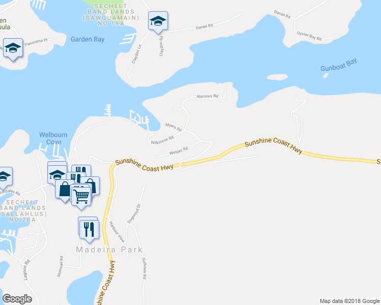 map of restaurants, bars, coffee shops, grocery stores, and more near 5216 Wesjac Road in Madeira Park
