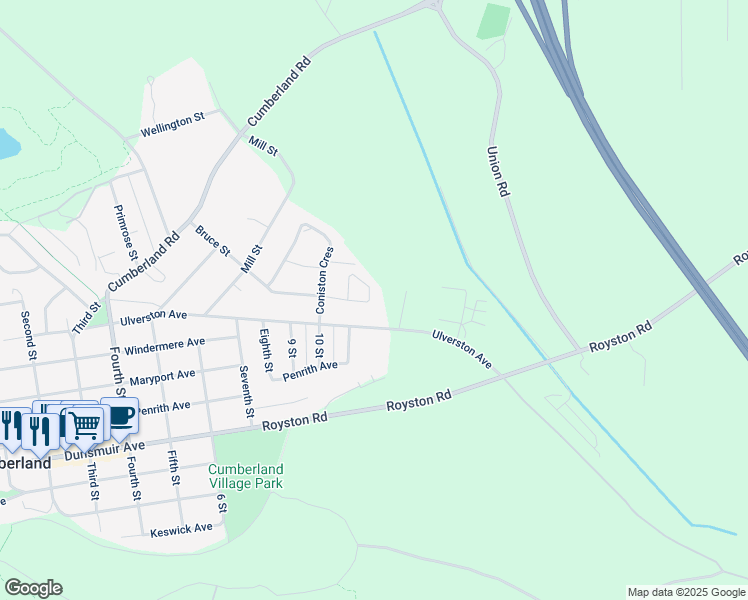 map of restaurants, bars, coffee shops, grocery stores, and more near 3400 Coniston Crescent in Cumberland