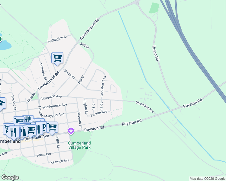 map of restaurants, bars, coffee shops, grocery stores, and more near 3400 Coniston Crescent in Cumberland