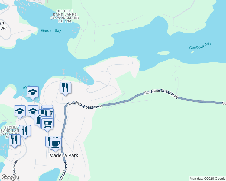 map of restaurants, bars, coffee shops, grocery stores, and more near 5216 Wesjac Road in Madeira Park