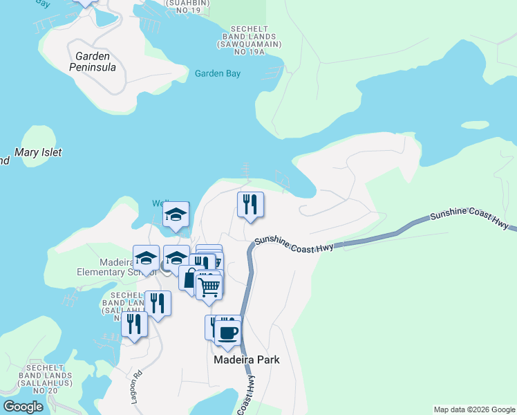 map of restaurants, bars, coffee shops, grocery stores, and more near 5099 Johnstone Road in Madeira Park
