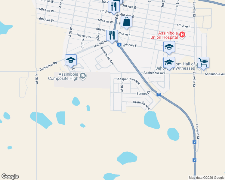 map of restaurants, bars, coffee shops, grocery stores, and more near 59 Kasper Crescent in Assiniboia