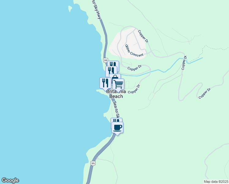 map of restaurants, bars, coffee shops, grocery stores, and more near 60 Copper Drive in Britannia Beach
