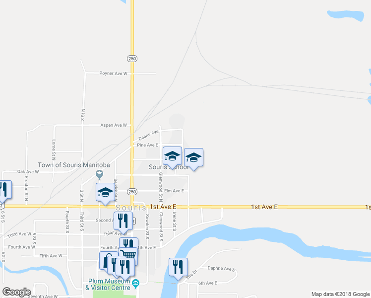 map of restaurants, bars, coffee shops, grocery stores, and more near 93 Lansdowne Street North in Souris