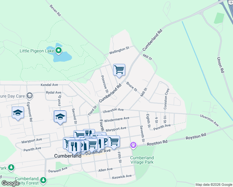 map of restaurants, bars, coffee shops, grocery stores, and more near 4703 Cumberland Road in Cumberland