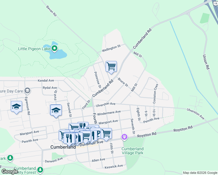 map of restaurants, bars, coffee shops, grocery stores, and more near 4703 Cumberland Road in Cumberland