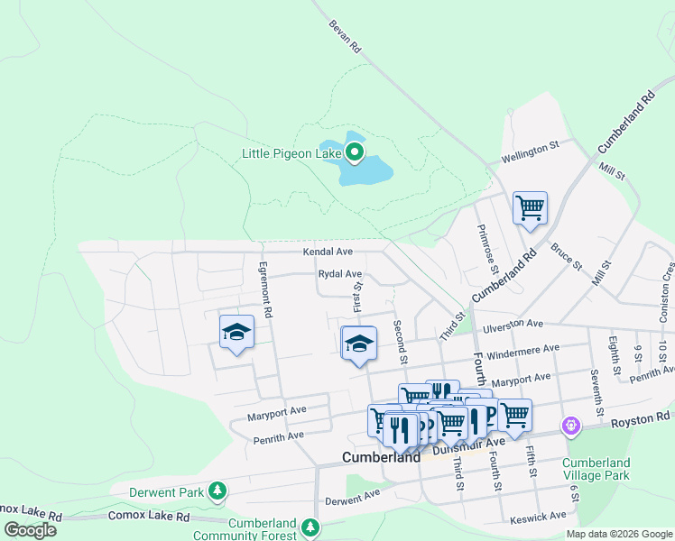 map of restaurants, bars, coffee shops, grocery stores, and more near 26 Rydal Avenue in Cumberland