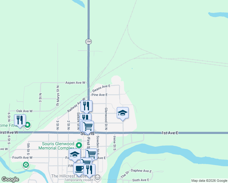 map of restaurants, bars, coffee shops, grocery stores, and more near 93 Lansdowne Street North in Souris