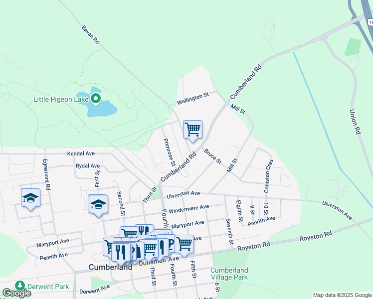 map of restaurants, bars, coffee shops, grocery stores, and more near 3391 Bevan Road in Cumberland