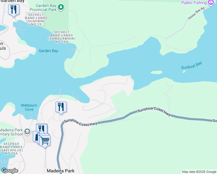 map of restaurants, bars, coffee shops, grocery stores, and more near 13096 Narrows Road in Madeira Park