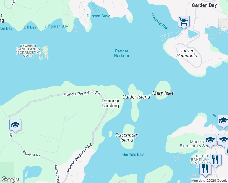 map of restaurants, bars, coffee shops, grocery stores, and more near 13038 Hassan Road in Madeira Park