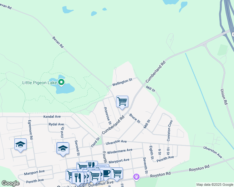 map of restaurants, bars, coffee shops, grocery stores, and more near 3436 Bevan Road in Cumberland